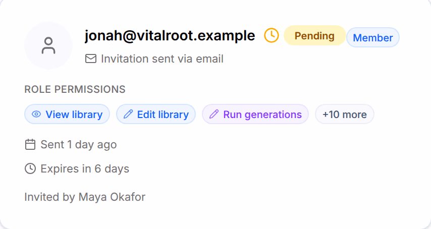 Team management on Invitations (1): jonah@vitalroot.example, Pending, as a Member, sent 1 day ago and expiring in 6 days, invited by Maya Okafor