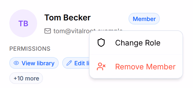 Tom Becker’s card, a Member, with its menu open: Change role and Remove member