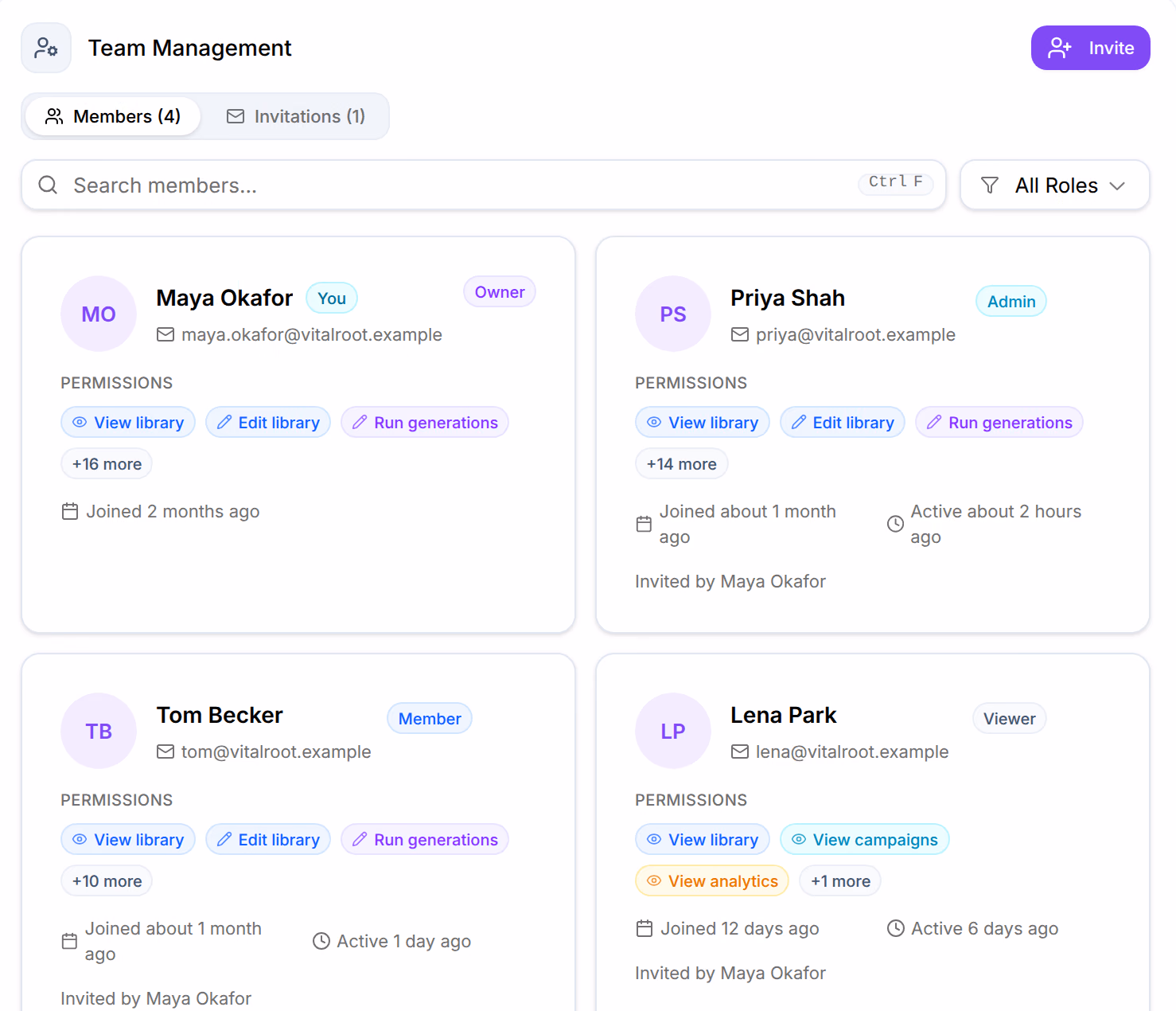 Workspace’s Team management: Invite at the top right, Members (4) and Invitations (1), and four member cards, Maya Okafor, Owner, Priya Shah, Admin, Tom Becker, Member, and Lena Park, Viewer, each with its permissions