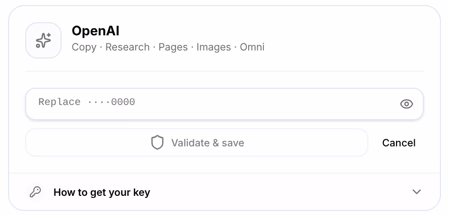 The OpenAI card with its field open, reading Replace ····0000, Validate & save and Cancel